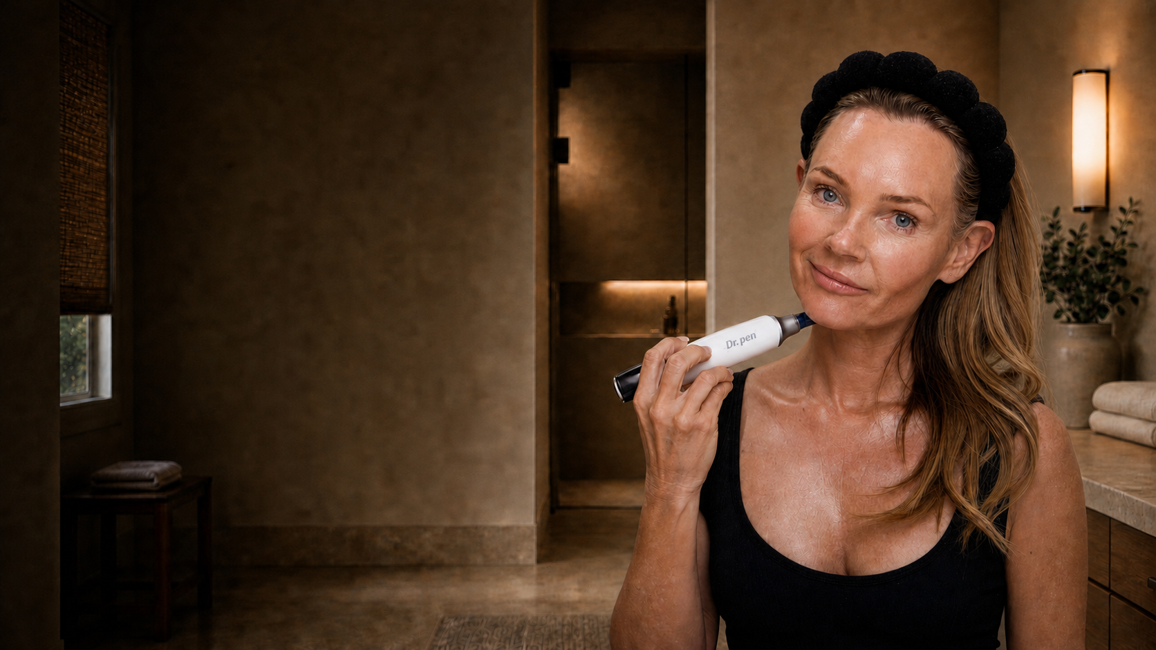 Kim using a microneedling device on her neck in a warm residential bathroom