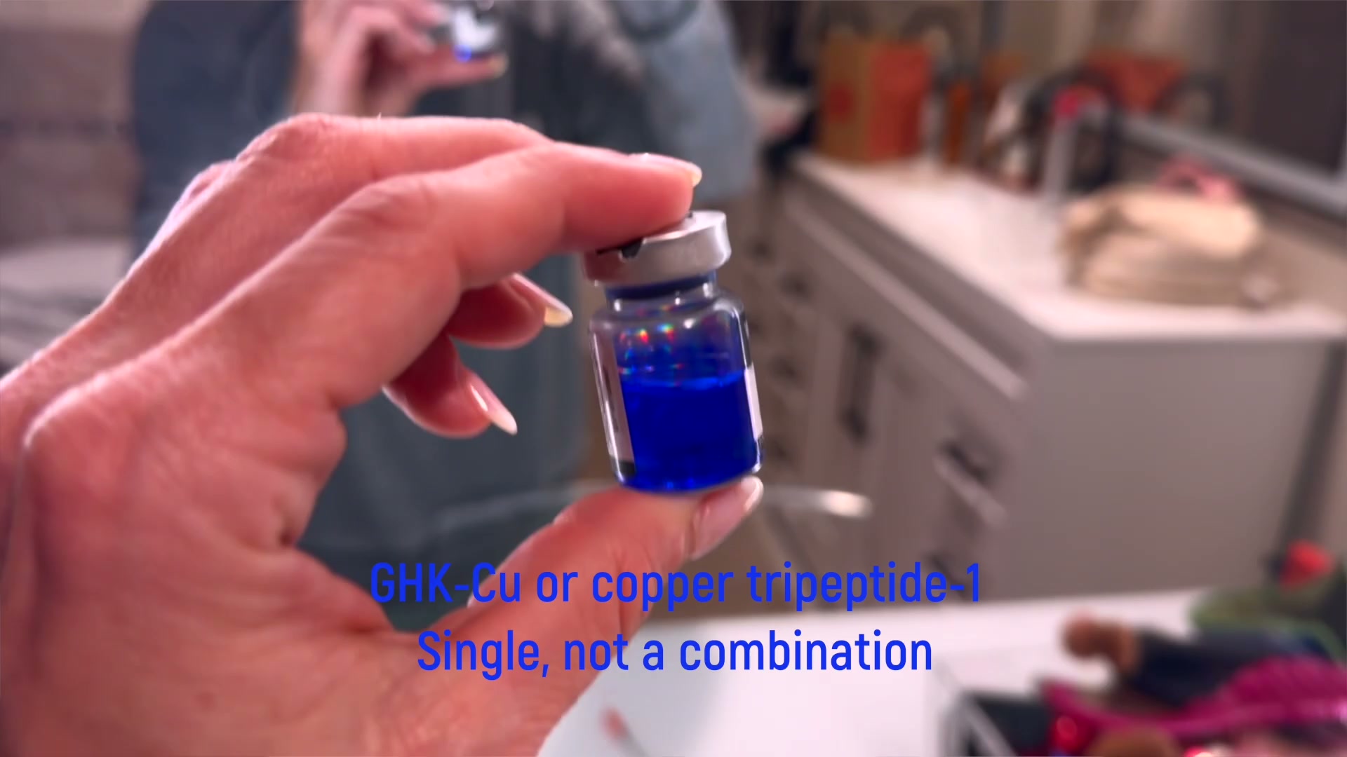 Blue GHK-Cu vial shown at the start of Kim Pratt's personal 60-day diary