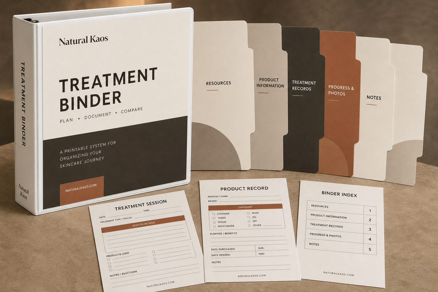 Natural Kaos Treatment Binder printable collection with binder, dividers, and record sheets