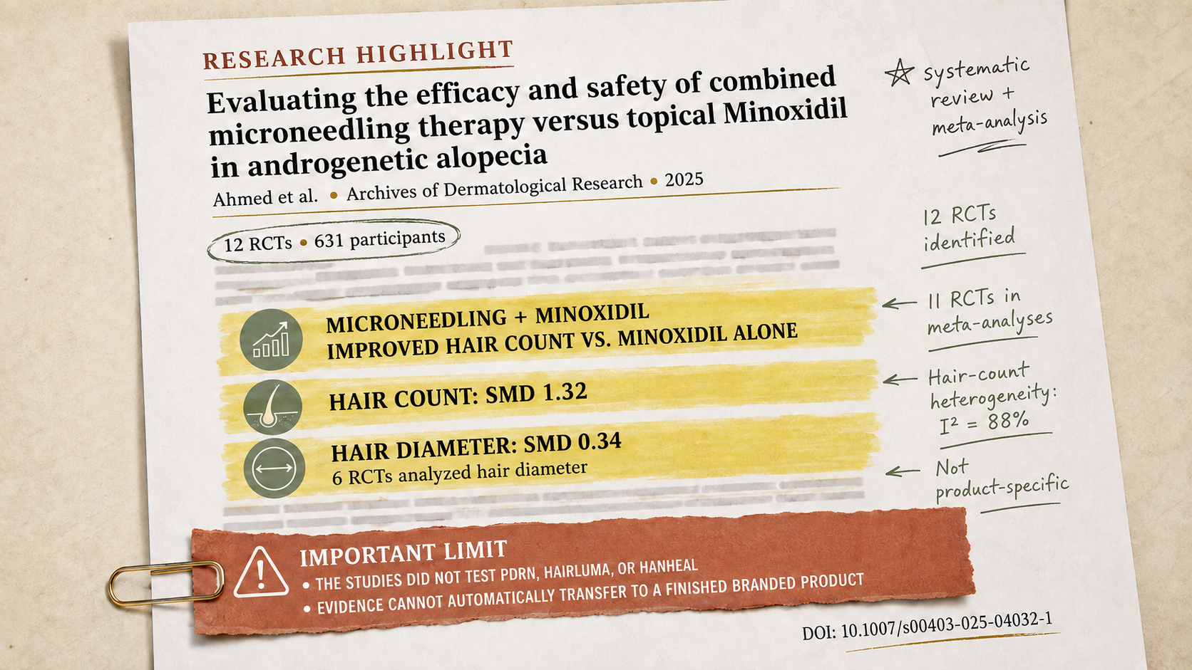 Research summary noting that microneedling plus minoxidil studies did not test HairLuma or Hanheal Hair Fill