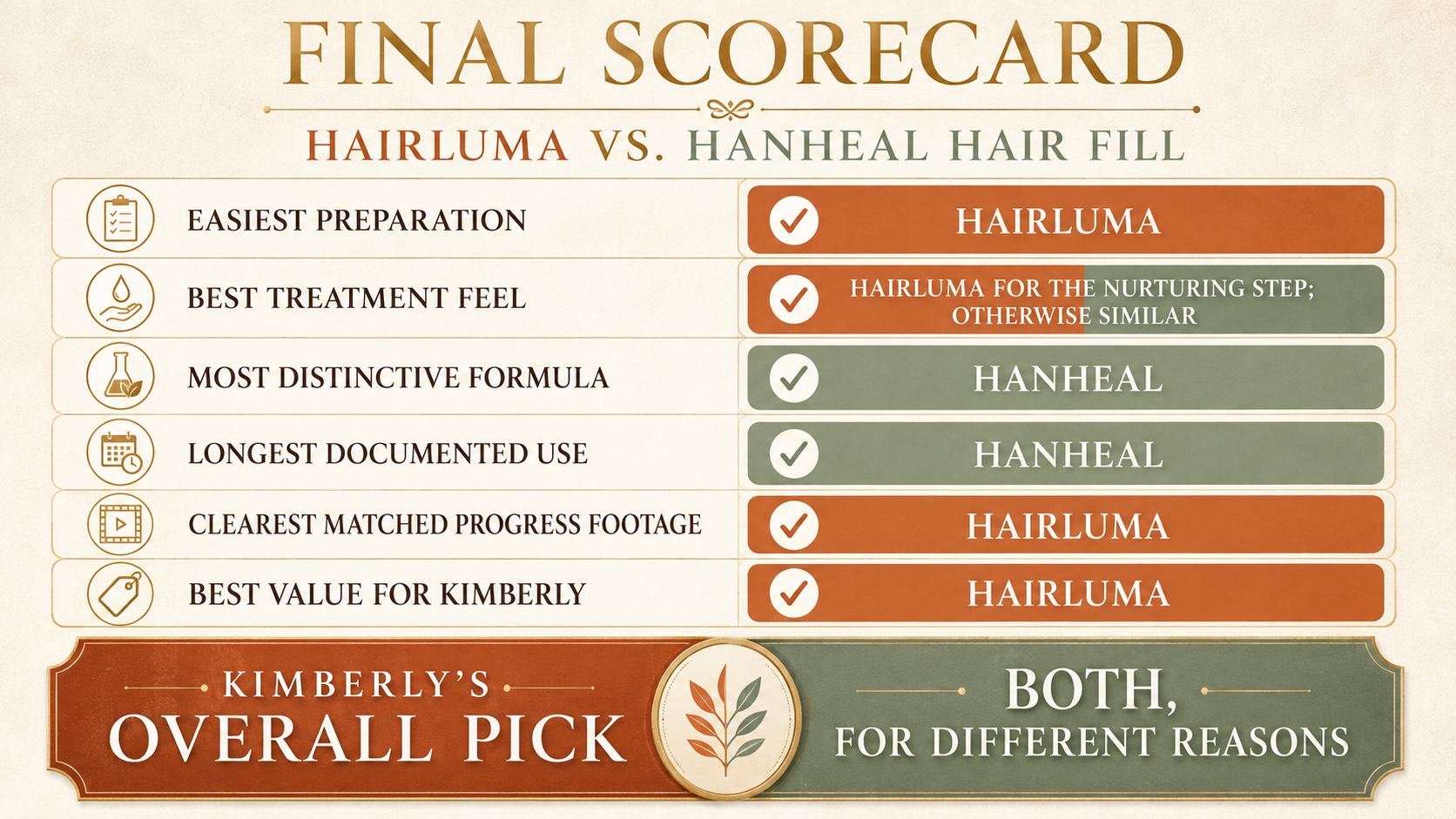 Final comparison scorecard for HairLuma and Hanheal Hair Fill