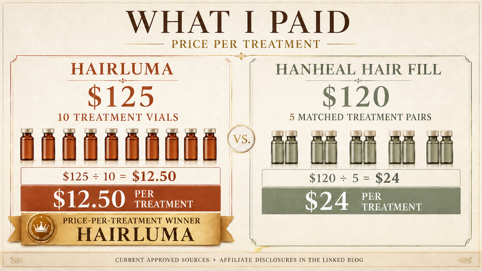 HairLuma and Hanheal Hair Fill price-per-treatment comparison based on prices shown in Kim Pratt's video