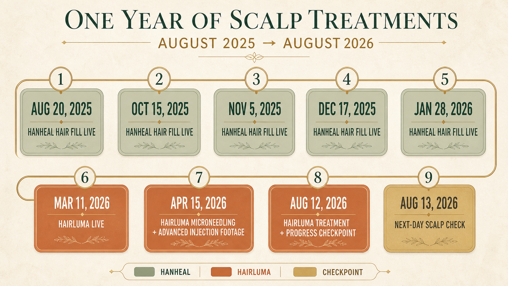 Timeline of Kim Pratt's documented Hanheal Hair Fill and HairLuma scalp treatments from August 2025 through August 2026