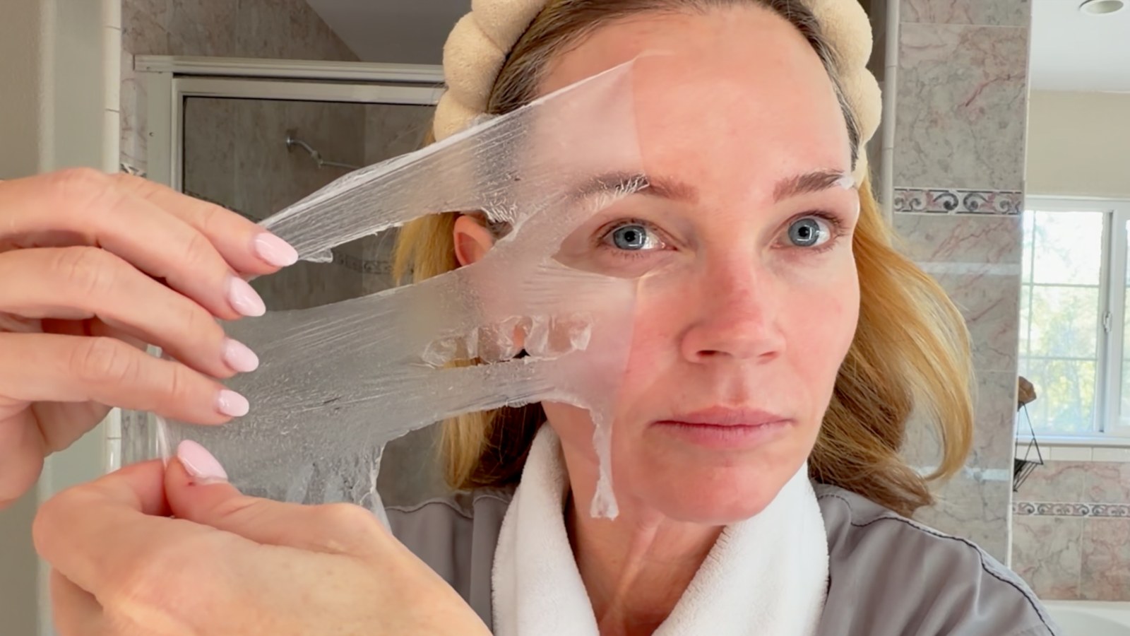 Removing the mask before applying my morning skincare.